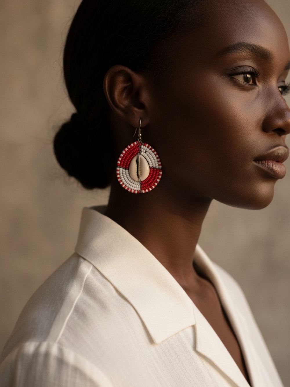 Hand Crafted Red and White Beaded Drop Earrings with Cowrie Shell
